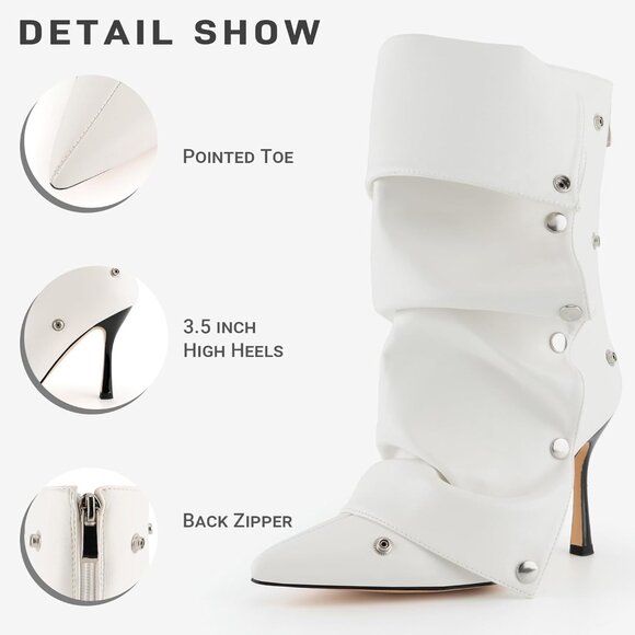 ⚡Women White Polyurethane Slouchy Stiletto High Heel Pointed Toe Fold Shark Boot - Picture 3 of 7
